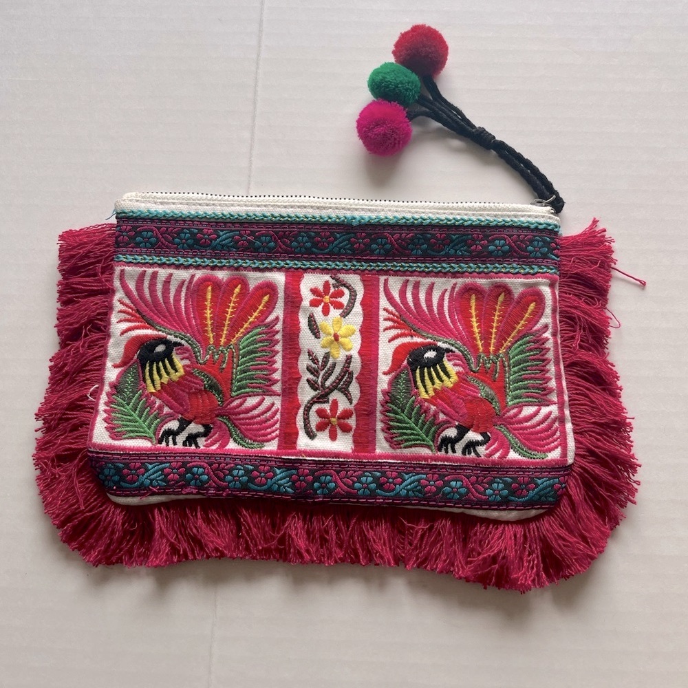 Target Limited Edition Embroidery Floral Bird Fringe Clutch Boho Pattern Zip Bag